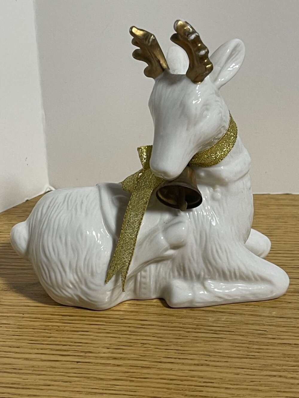 White Ceramic Deer Figurine With Gold Tone Antlers & Glittery Bow Christmas